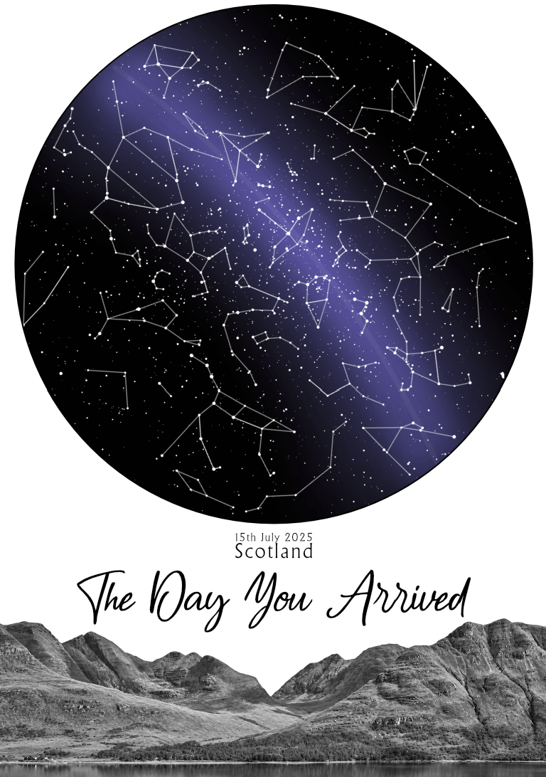 Light finished star map in a white frame